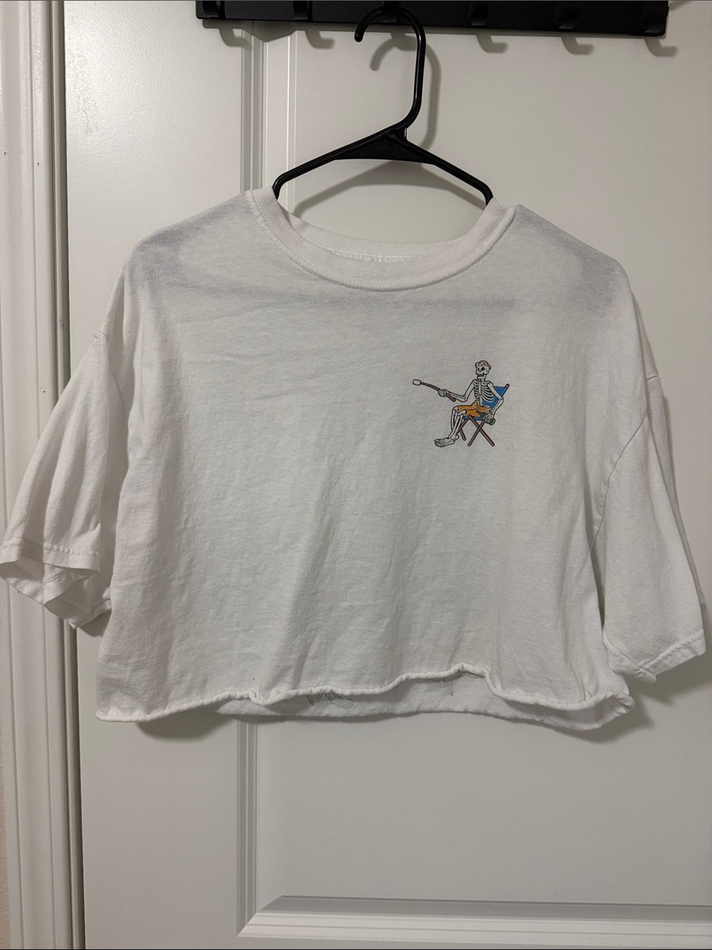 White Cropped Tee with Fishing Skeleton Graphic